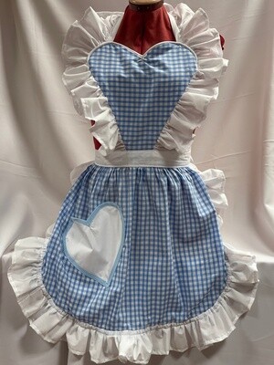 Retro Vintage 50&#39;s Style Full Apron with Heart Shaped Top and Pocket - Light Blue and White Gingham with White Trim