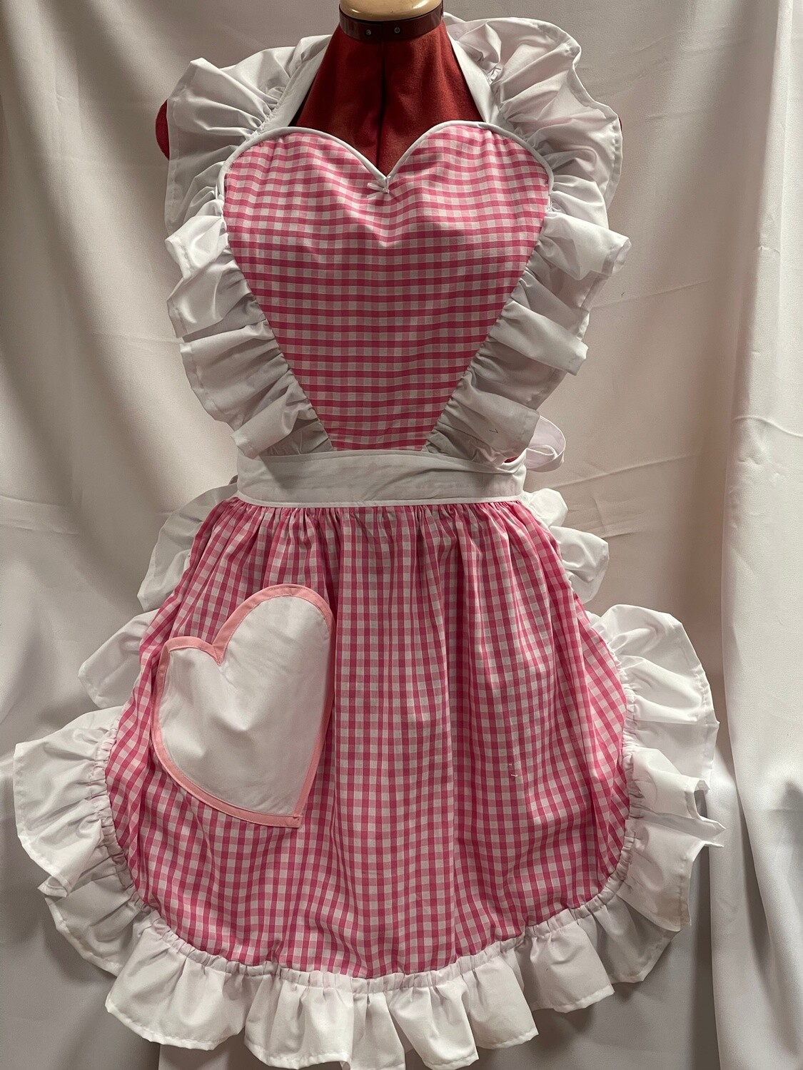 Retro Vintage 50&#39;s Style Full Apron with Heart Shaped Top and Pocket - Pink and White Gingham with White Trim