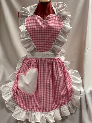 Retro Vintage 50&#39;s Style Full Apron with Heart Shaped Top and Pocket - Pink and White Gingham with White Trim