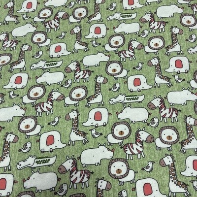 Animals - Green - 100% Cotton Winceyette print fabric