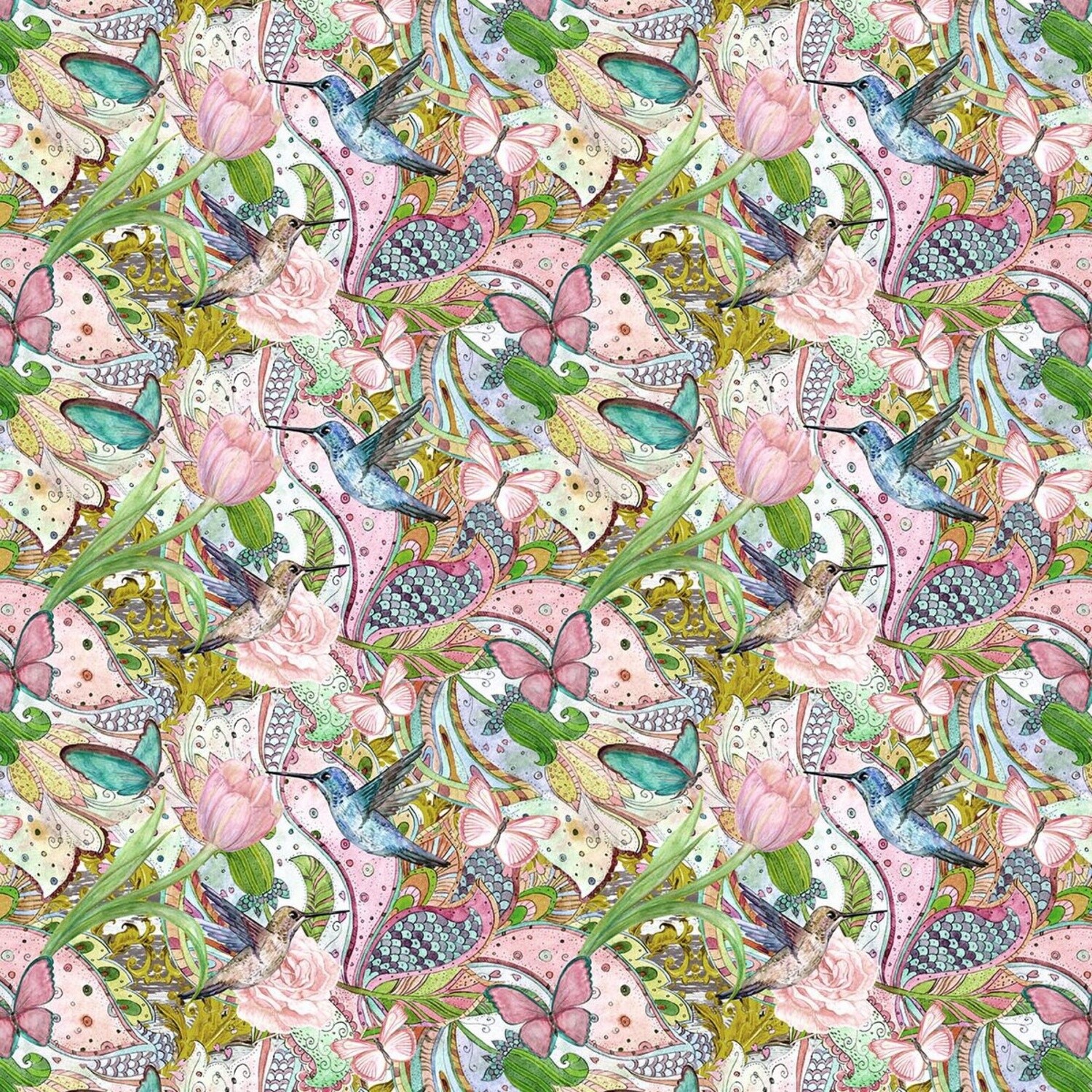 Birds and Butterflies - 100% cotton digital print fabric
