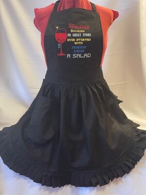 Embroidered Retro Vintage 50s Style Full Apron / Pinny - Black (Alcohol, No Great Story Ever Started With Someone Eating Salad)