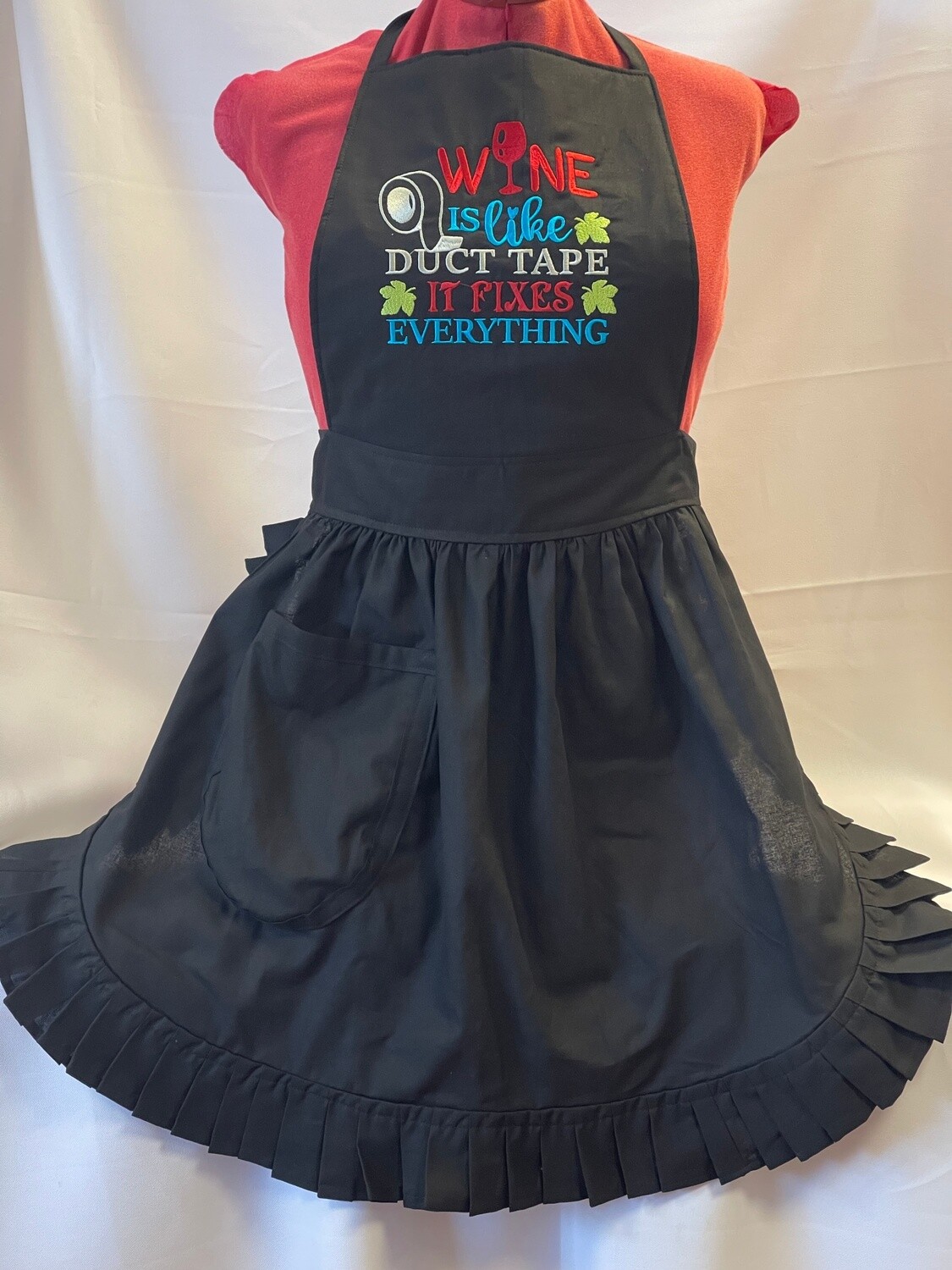 Embroidered Retro Vintage 50s Style Full Apron / Pinny - Black (Wine is like duct tape, it fixes everything)