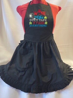 Embroidered Retro Vintage 50s Style Full Apron / Pinny - Black (Wine is like duct tape, it fixes everything)