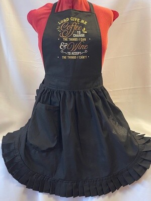 Embroidered Retro Vintage 50s Style Full Apron / Pinny - Black (Lord, give me coffee to change things I can &amp; wine to accept the things I can&#39;t)