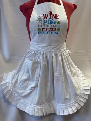 Embroidered Retro Vintage 50s Style Full Apron / Pinny - White (Wine is like duct tape, it fixes everything)