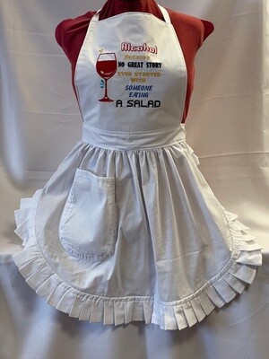 Embroidered Retro Vintage 50s Style Full Apron / Pinny - White (Alcohol, No Great Story Ever Started With Someone Eating Salad)