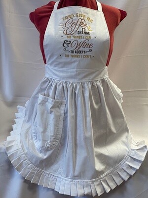Embroidered Retro Vintage 50s Style Full Apron / Pinny - White (Lord, give me coffee to change things I can &amp; wine to accept the things I can&#39;t)