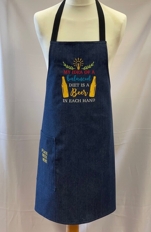Mens Denim Embroidered Chefs / Cooking / BBQ Apron with Beer Pocket - Blue - My Idea Of A Balanced Diet Is A Beer In Each Hand