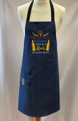 Mens Denim Embroidered Chefs / Cooking / BBQ Apron with Beer Pocket - Blue - My Idea Of A Balanced Diet Is A Beer In Each Hand