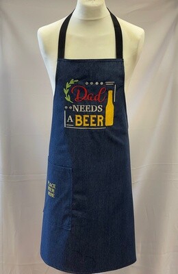 Mens Denim Embroidered Chefs / Cooking / BBQ Apron with Beer Pocket - Blue - Dad Needs A Beer