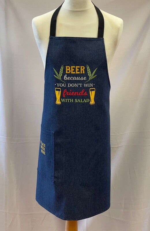 Mens Denim Embroidered Chefs / Cooking / BBQ Apron with Beer Pocket - Blue - Beer, Because You Don&#39;t Win Friends With Salad