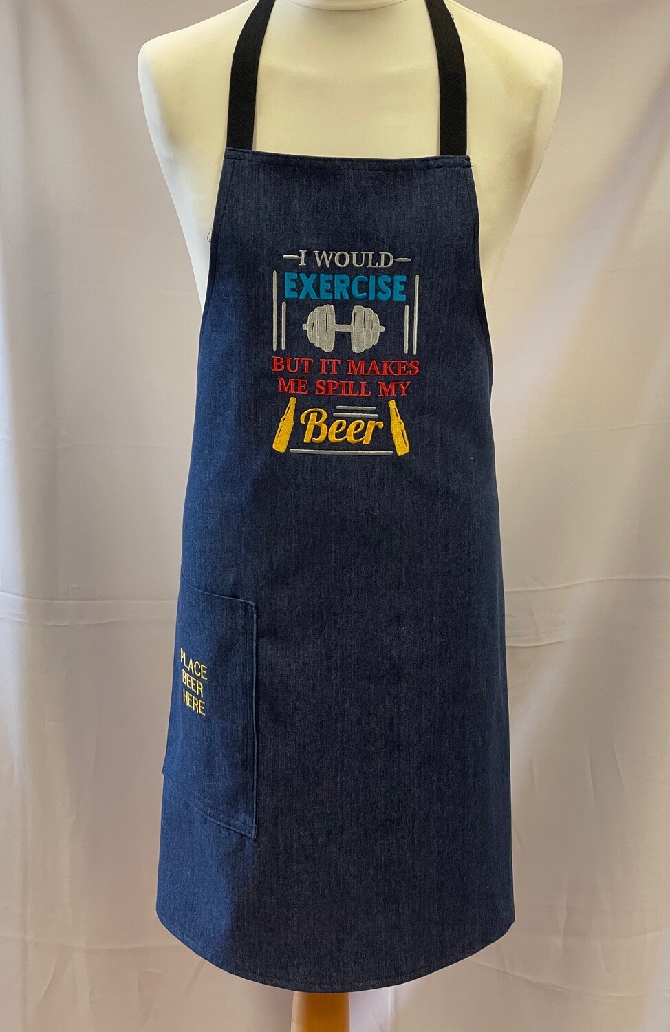 Mens Denim Embroidered Chefs / Cooking / BBQ Apron with Beer Pocket - Blue - I Would Exercise But It Makes Me Spill My Beer