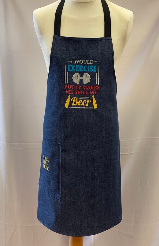 Mens Denim Embroidered Chefs / Cooking / BBQ Apron with Beer Pocket - Blue - I Would Exercise But It Makes Me Spill My Beer