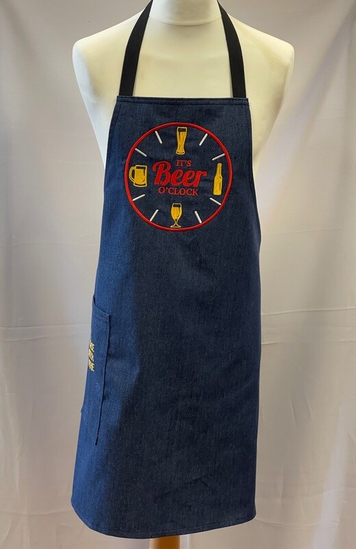Mens Denim Embroidered Chefs / Cooking / BBQ Apron with Beer Pocket - Blue - It&#39;s Beer o Clock