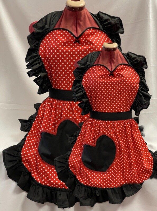 Mother / Daughter Matching Set - Retro Vintage 50s Style Full Apron with Heart Shaped Top and Pocket - Red &amp; White Polka Dot With Black Trim
