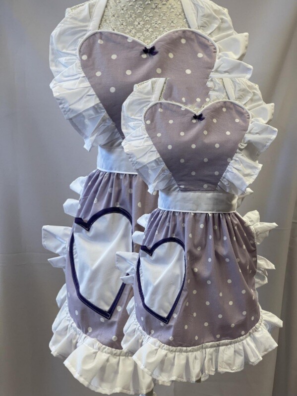 Mother / Daughter Matching Set - Retro Vintage 50s Style Full Apron with Heart Shaped Top and Pocket - Lavender and White Polka Dot with White Trim