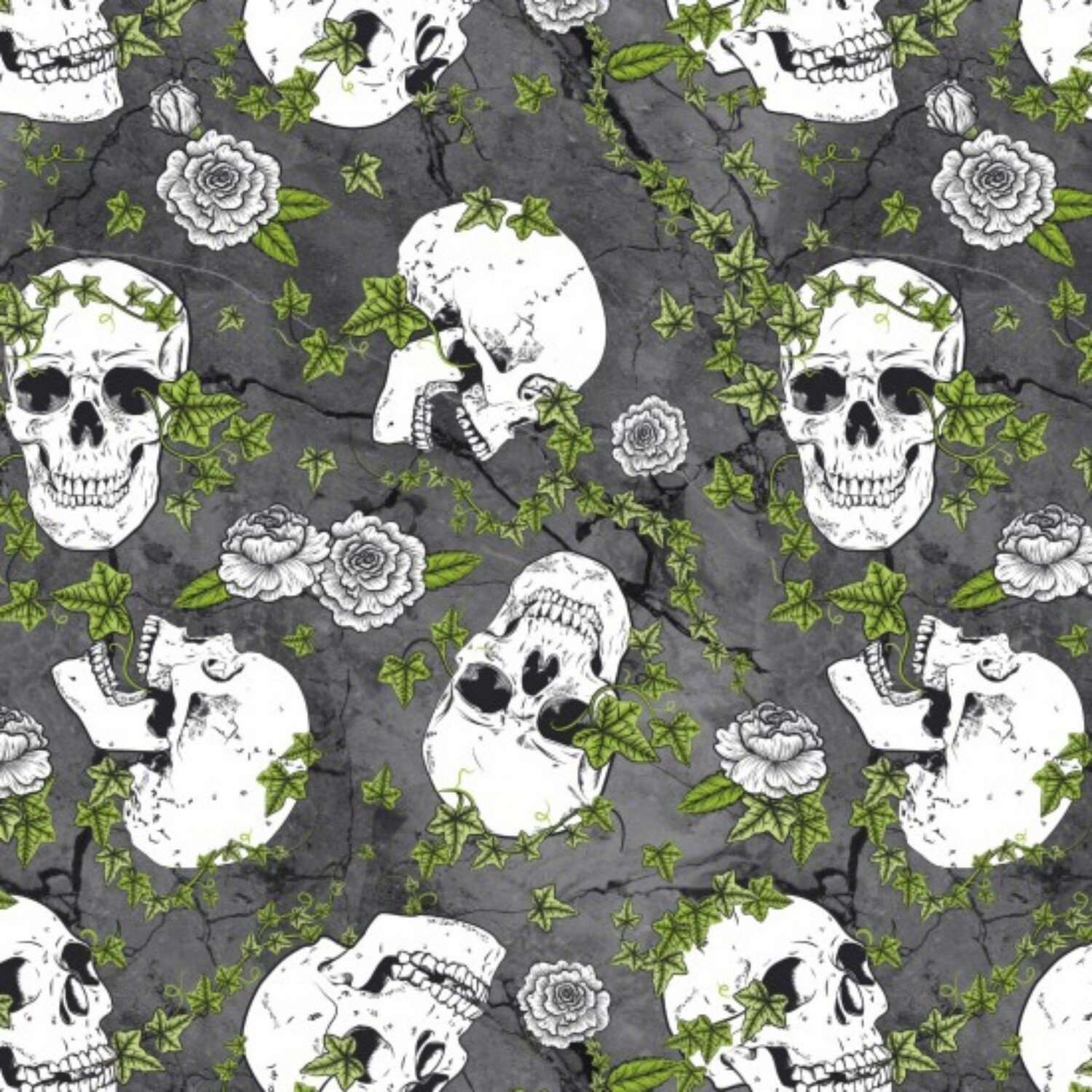 Skull Duggery - Grey - 100% cotton print fabric