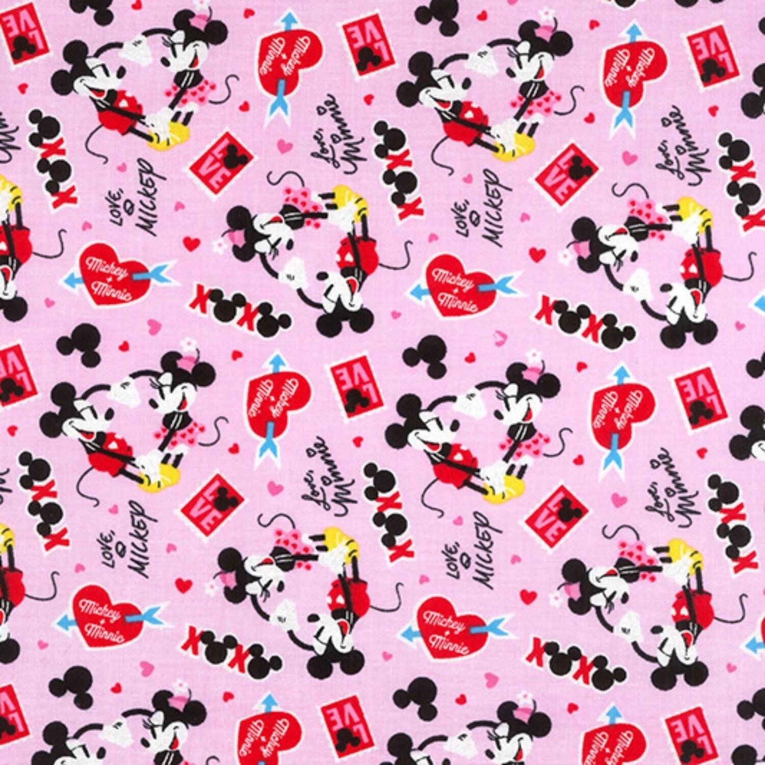 Mickey &amp; Minnie Mouse - Valentines - Printed Woven 100% Cotton Fabric - Pink