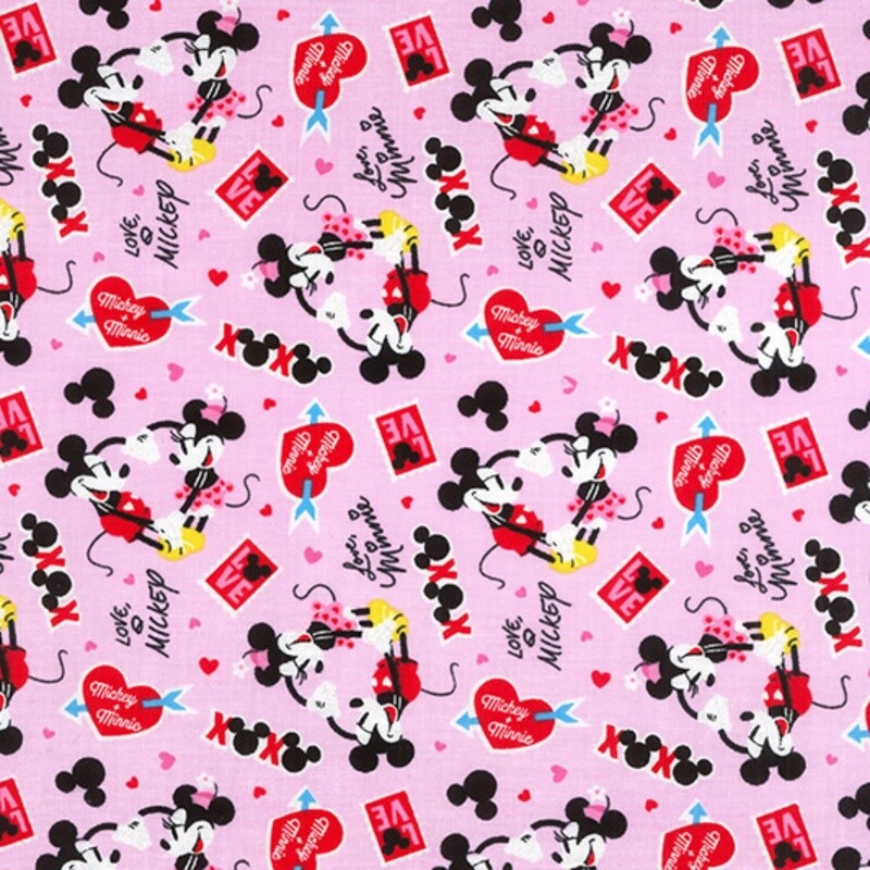 Mickey &amp; Minnie Mouse - Valentines - Printed Woven 100% Cotton Fabric - Pink