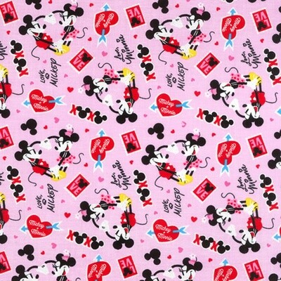 Mickey &amp; Minnie Mouse - Valentines - Printed Woven 100% Cotton Fabric - Pink