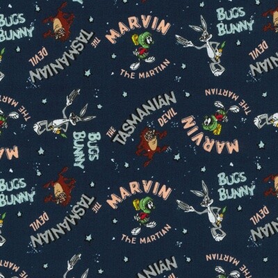 Looney Tunes - Marvin the Magician, Bugs Bunny, Tasmanian Devil - Printed Woven 100% Cotton Fabric - Navy