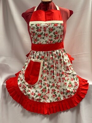 Retro Vintage 50s Style Full Apron / Pinny - Pink Roses on White with Red Trim
