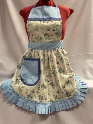 Retro Vintage 50s Style Full Apron / Pinny - Blue Roses on Cream with Pale Blue Trim