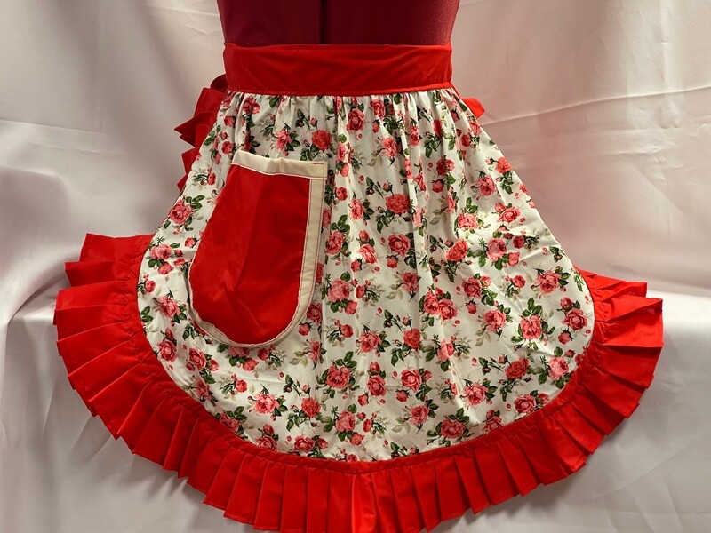 Retro Vintage 50s Style Half Apron / Pinny - Pink Roses on White with Red Trim