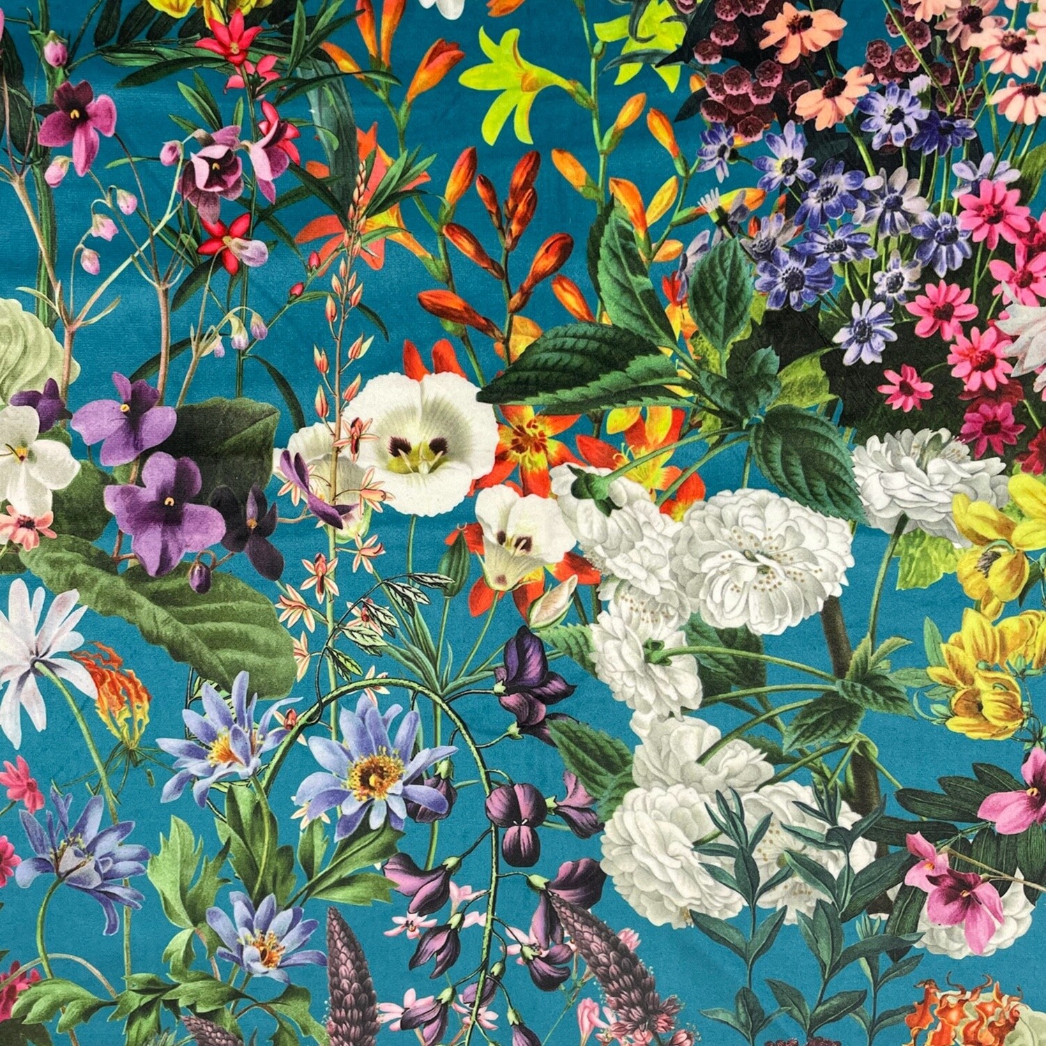 Digitally printed, soft &amp; durable plush Velvet fabric 290gsm - Summer Floral - Turquoise