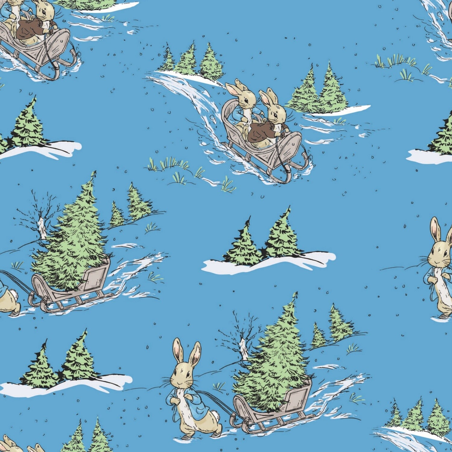 Peter Rabbit at Christmas digital print fabric - Most Wonderful Sledging - 100% cotton