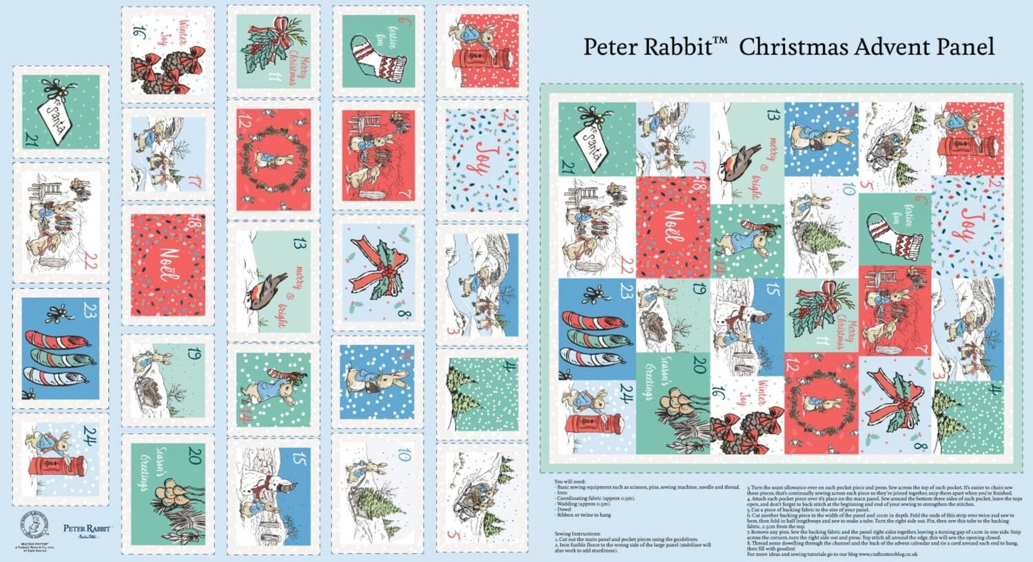 Peter Rabbit at Christmas digital print fabric - Most Wonderful Time Advent Panel - 100% cotton