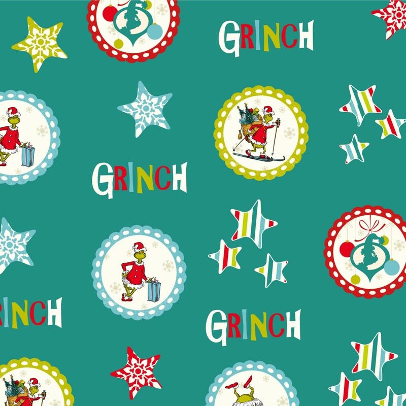 The Grinch Christmas digital print fabric - Snowflakes &amp; Stars - 100% cotton
