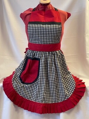 Retro Vintage 50s Style Full Apron / Pinny - Black and White Gingham with Deep Red Trim