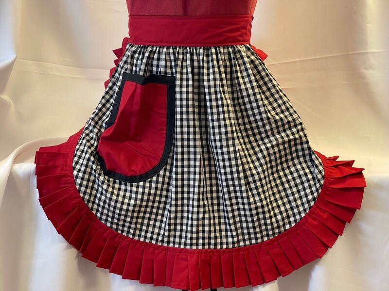 Retro Vintage 50s Style Half Apron / Pinny - Black and White Gingham with Deep Red Trim
