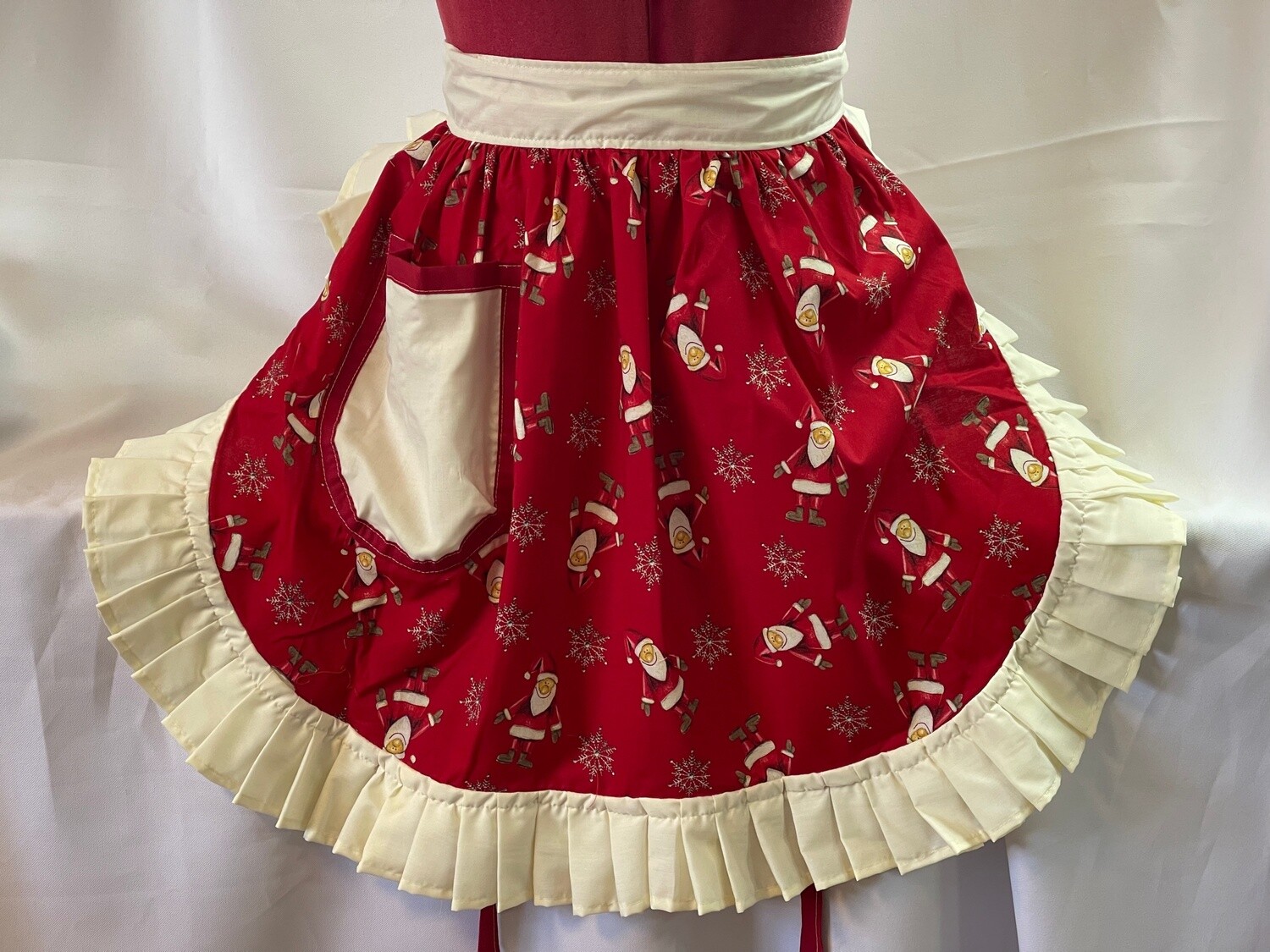 Retro Vintage 50s Style Half Apron / Pinny - Christmas Santas &amp; Snowflakes on Red with Cream Trim