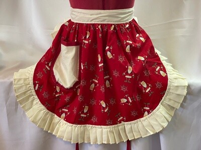 Retro Vintage 50s Style Half Apron / Pinny - Christmas Santas &amp; Snowflakes on Red with Cream Trim