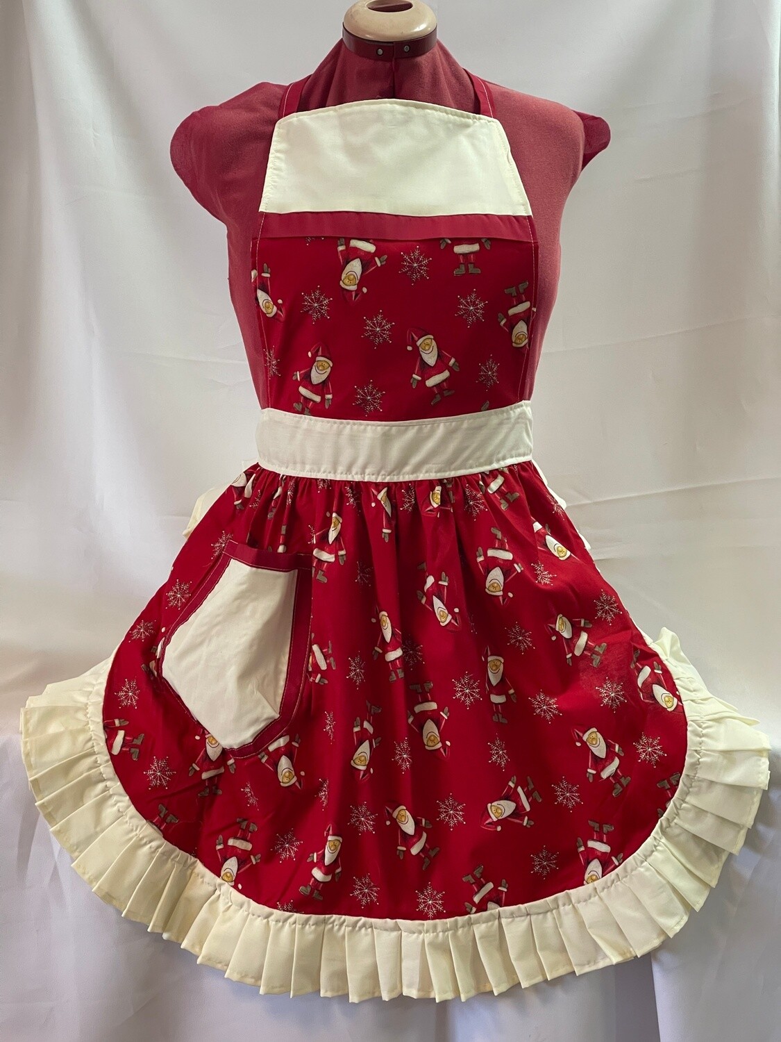 Retro Vintage 50s Style Full Apron / Pinny - Christmas Santas &amp; Snowflakes on Red with Cream Trim