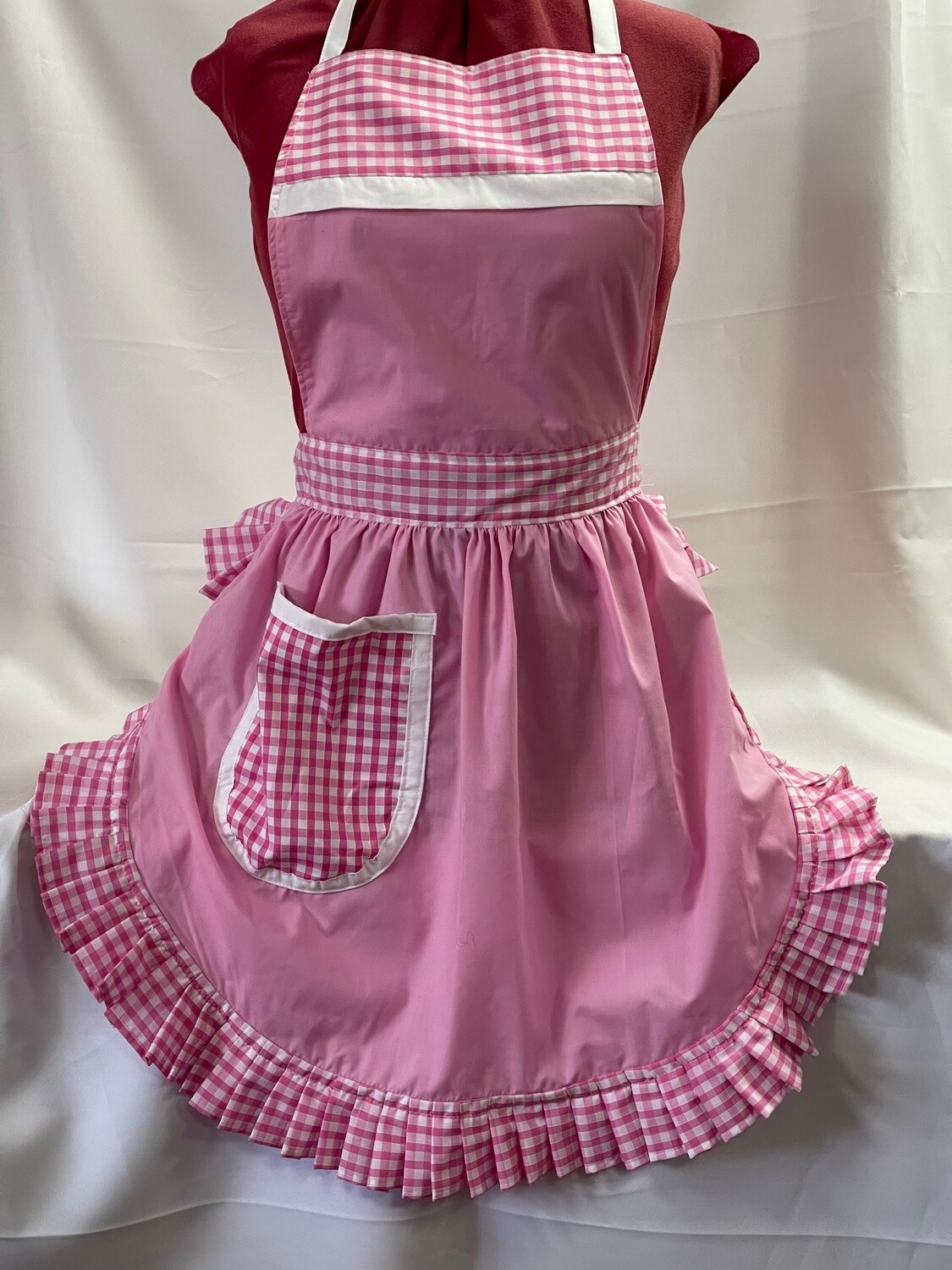 Retro Vintage 50&#39;s Style Full Apron - Pink with Pink &amp; White Gingham Trim