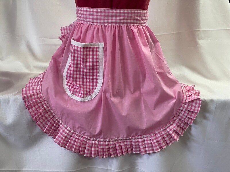 Retro Vintage 50&#39;s Style Half Apron - Pink with Pink &amp; White Gingham Trim