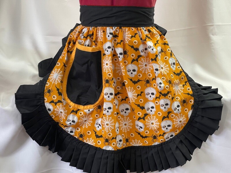 Retro Vintage 50&#39;s Style Half Apron - Halloween Theme on Orange with Black Trim