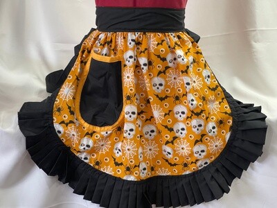 Retro Vintage 50&#39;s Style Half Apron - Halloween Theme on Orange with Black Trim