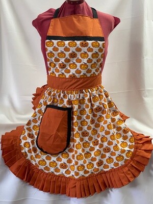 Retro Vintage 50&#39;s Style Full Apron - Halloween Pumpkins on White with Burnt Orange (Rust) Trim