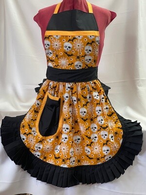 Retro Vintage 50&#39;s Style Full Apron - Halloween Theme on Orange with Black Trim