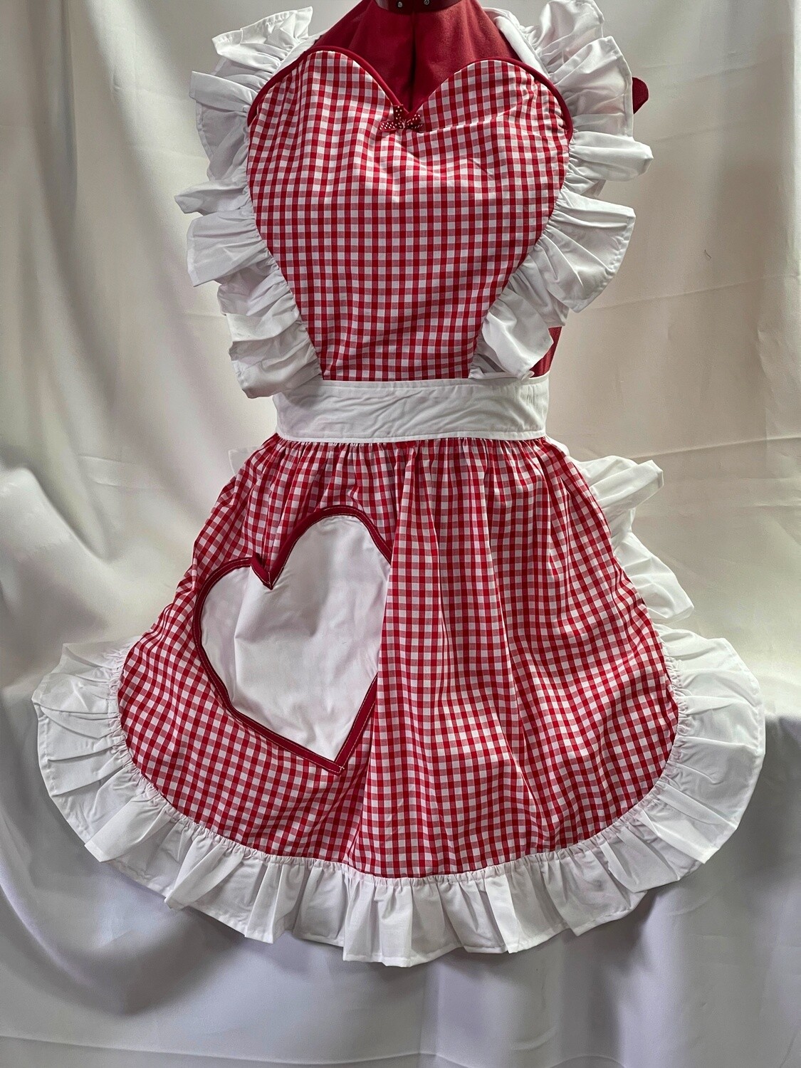 Retro Vintage 50&#39;s Style Full Apron with Heart Shaped Top and Pocket - Red and White Gingham with White Trim