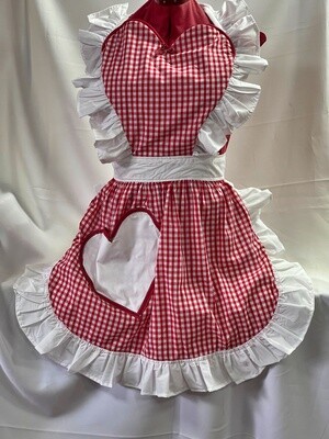 Retro Vintage 50&#39;s Style Full Apron with Heart Shaped Top and Pocket - Red and White Gingham with White Trim