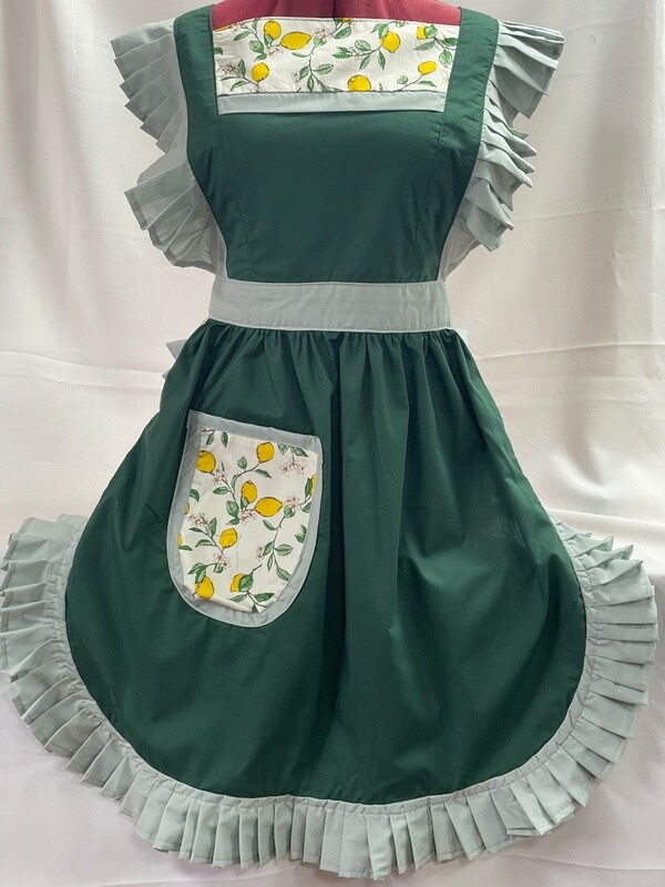 Retro Vintage Victorian Style Full Apron - Forest Green with Sage Trim