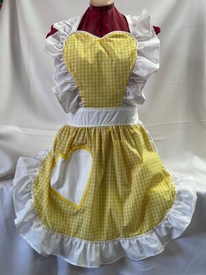 Retro Vintage 50&#39;s Style Full Apron with Heart Shaped Top and Pocket - Yellow and White Gingham with White Trim