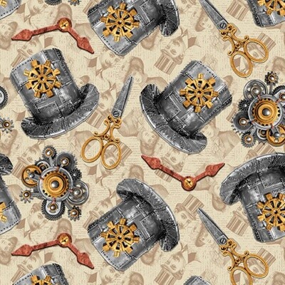 Blank Quilting - Alternative Age - Hats and Scissors - Parchment - 100% Cotton