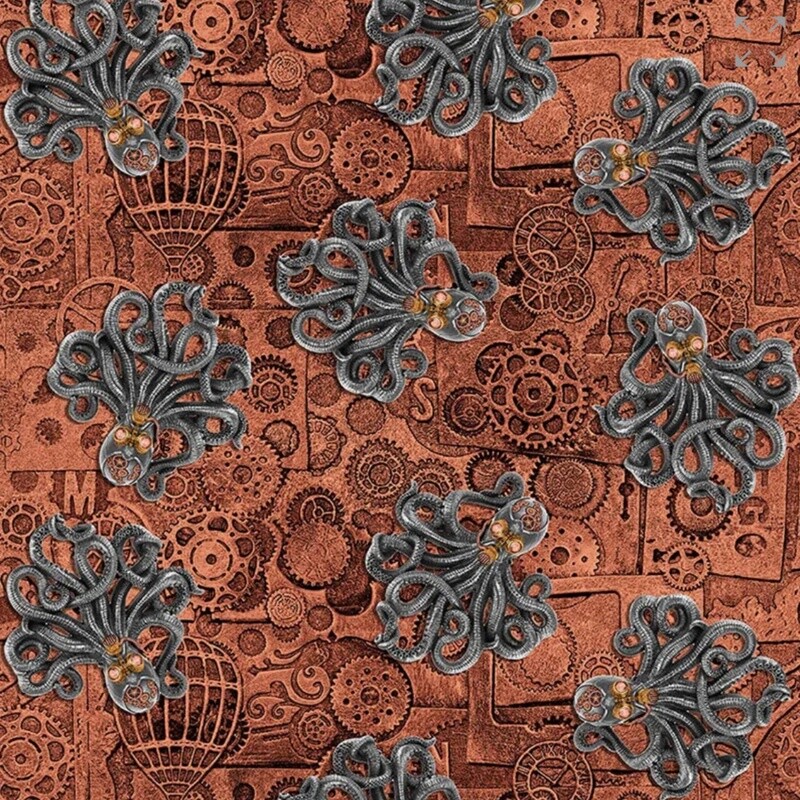 Blank Quilting - Alternative Age - Octopus &amp; Gears - Rust - 100% Cotton